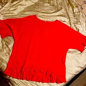 Red Linen V neck Top, never been worn. Small ruffle hem on sleeves and bottom.